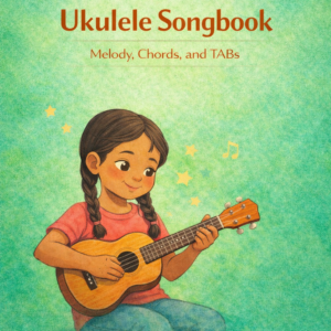 Llibre de partitures infantils angleses per a ukelele amb partitura de melodia, gràfic d'acords i TAB's.