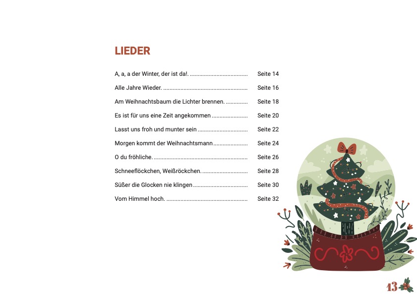 Índex del llibre Weihnachts-Regenbogenlieder amb 10 nadales tradicionals alemanyes. Inclou melodia principal, acords d'ukelele, partitura estàndard acolorida segons el Codi Arc de Sant Martí i partitura adaptada amb cercles de colors per facilitar una educació musical inclusiva.